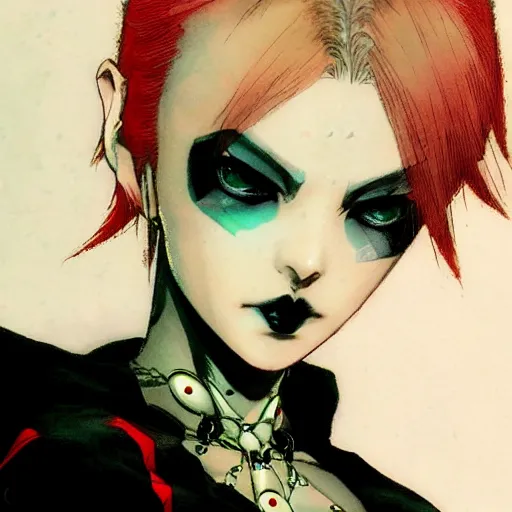 Image similar to beautiful pale - skinned goth girl with a red diamond on her forehead, yoji shinkawa