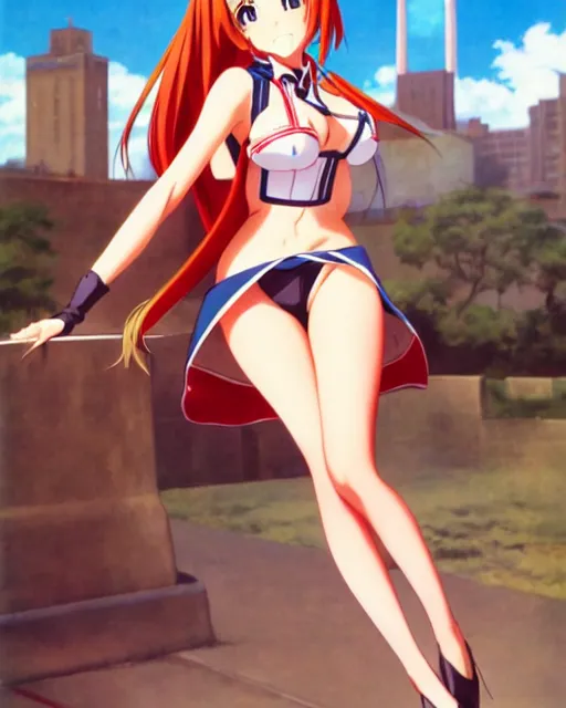 Prompt: pinup photo of asuna from sao in the center of the city, asuna by a - 1 pictures, by stephen bliss, gil elvgren, enoch bolles, glossy skin, pearlescent, anime, very coherent, maxim magazine