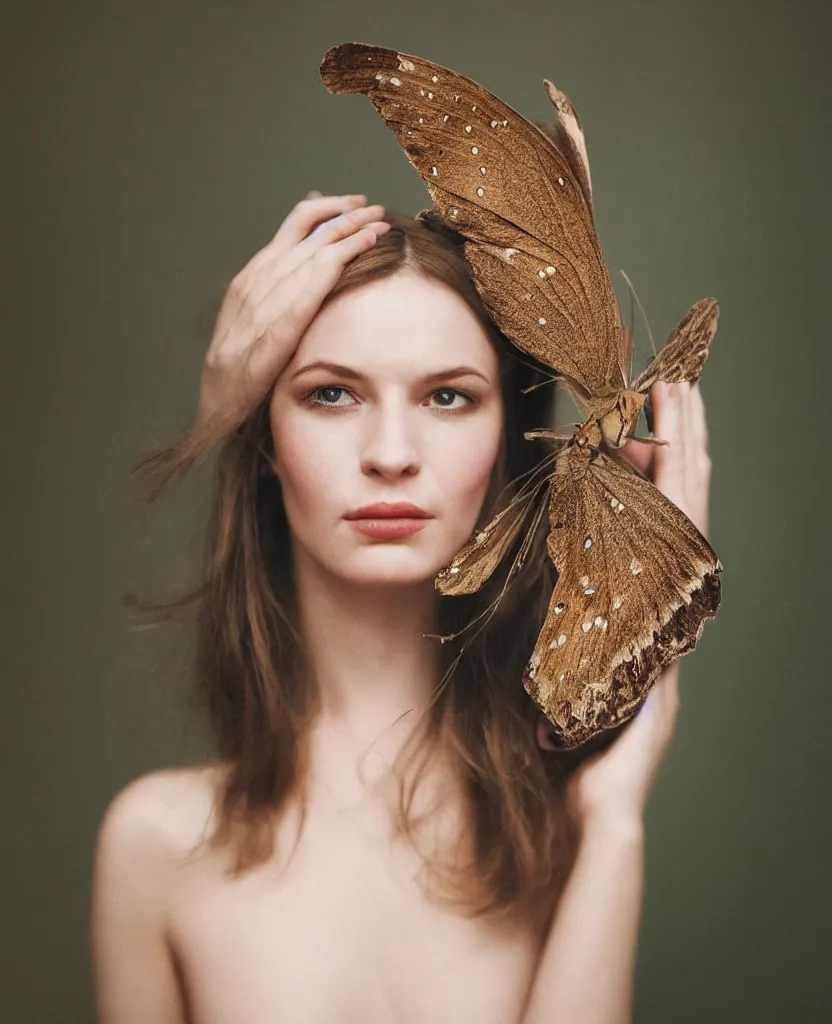 Image similar to a head and shoulders portrait of a beautiful woman with a large moth sitting on her face, by Nina Masic, by Flora Borsi, 50mm f/1.4, bokeh, kodak ektar