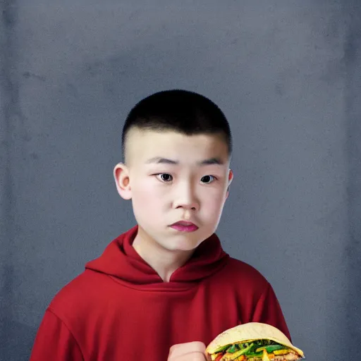 Image similar to dramatic portrait of chinese boy buzz cut, holding a taco, digital painting