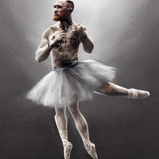 Image similar to connor mcgregor dressed as a ballerina dancing ballet inside the mma ring, highly detailed, digital painting, concept art, art by greg rutkowski, 4 k