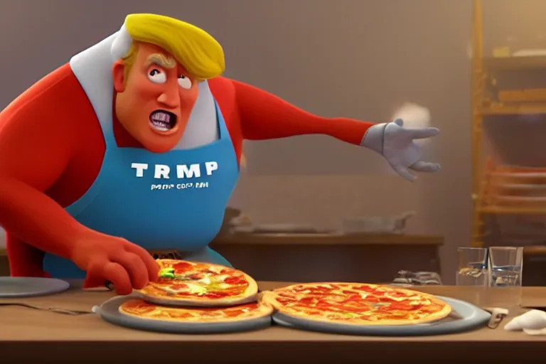 Image similar to still from a pixar movie of trump making a pizza, high quality 3 d render, movie, pixar, renderman, 4 k, artstation