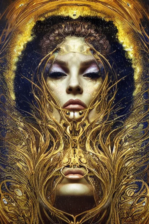 Image similar to Intermittent Chance of Chaos Muse by Karol Bak, Jean Deville, Gustav Klimt, and Vincent Van Gogh, beautiful surreal face portrait, enigma, destiny, fate, inspiration, muse, otherworldly, fractal structures, arcane, ornate gilded medieval icon, third eye, spirals