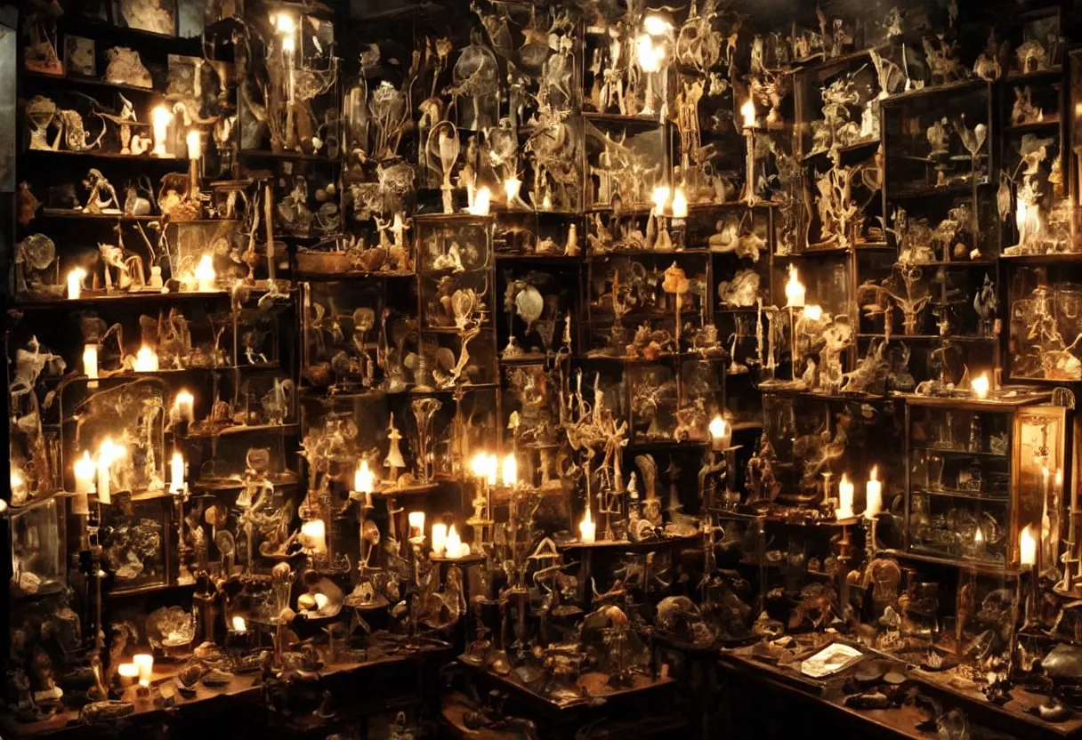 Image similar to wunderkammer, cabinet of curiosities, small dark room, large specimens, taxidermy, candles, desk, dramatic lighting, gloomy, moody, creepy