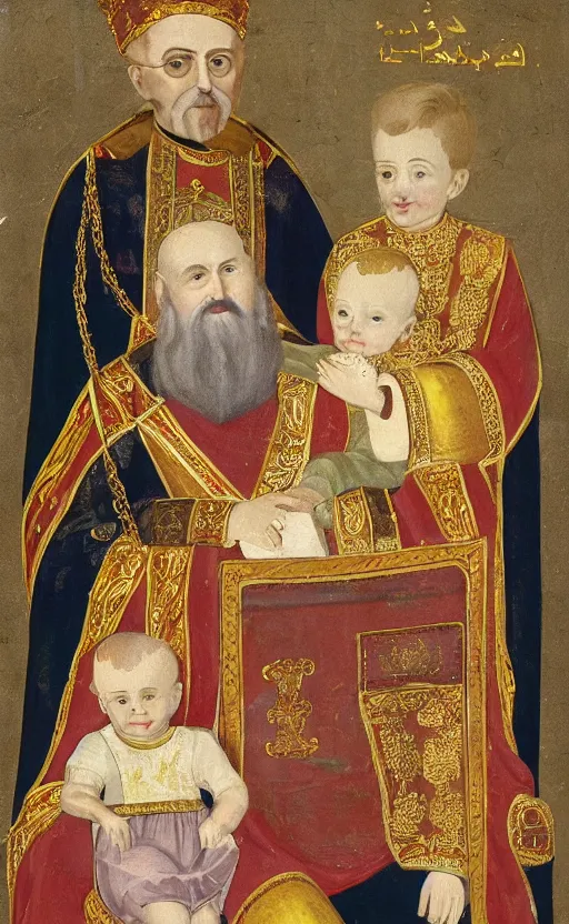 Image similar to photograph of a smiling byzantine emperor with his beloved son and daughter,