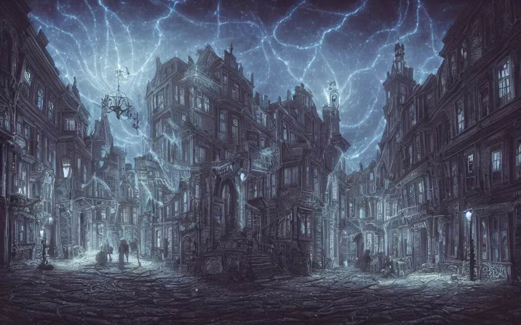 Prompt: An (18th century) (lovecraftian) gothic city at night with a star filled sky. (Greasy) blue luminescent cables are emerging from cracks on the ground. Highly detailed, digital art, smooth, sharp focus, illustration, octane render, vivid colors, concept art, low angle shot, super wide shot, ((fish eye)), 4k.