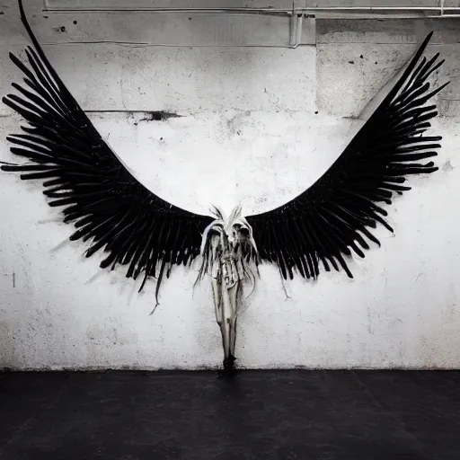 Prompt: “black metal winged sculpture made of glossy black liquid latex, hanging from ceiling in abandoned basement, brutalist, designed by rick owens, andrei tarkovsky and hr giger, asymmetrical composition, 8k hyperrealistic, hyper-detailed, highly textured, dark volumetric lighting, fine details, muted, octane render” — h 768 - n 7 —i