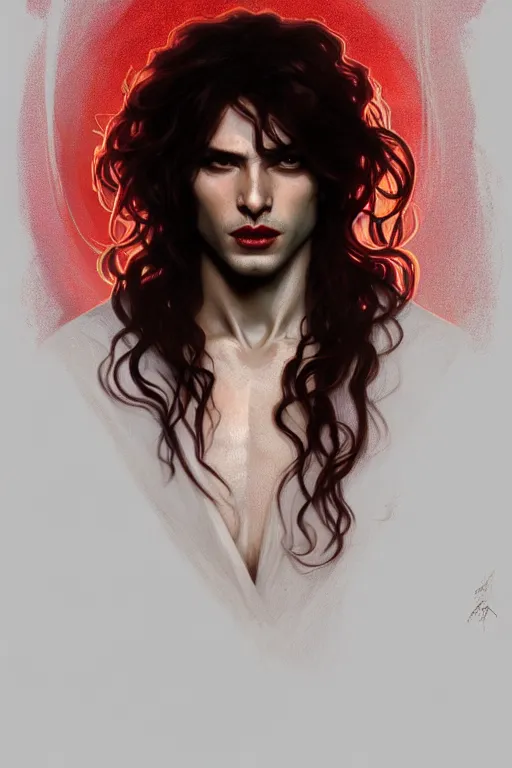 Prompt: portrait of a beautiful young fit male vampire with long curly hairs, dressed with expensive clothes, by greg rutkowski and alphonse mucha, d & d character, gradient white to red, modern nocturnal background, highly detailed portrait, digital painting, artstation, concept art, smooth, sharp focus ilustration, artstation hq