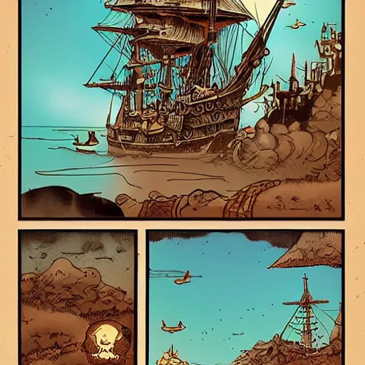 Image similar to treasure map adventures : : 1, large pirate ship, mike mignola style, comics, beautiful composition, wide angle, colorful, cinematic, volumetric lighting, intricate details