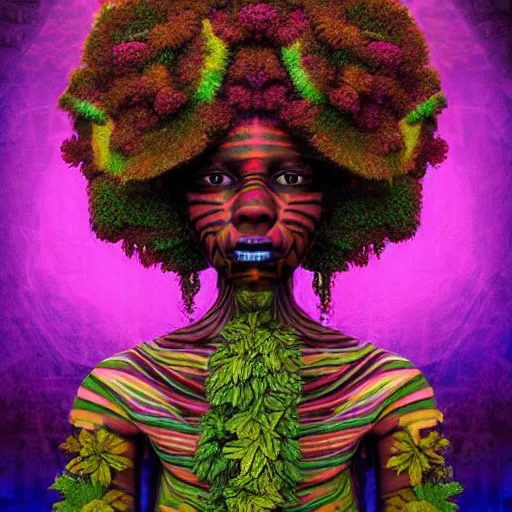 Image similar to an african marijuanna shaman with an afro made of flowers, third eye art art by machina infinitum, complexity from simplicity, rendered in octane, mandelbulb 3 d, ambient occlusion, macro photography, felt!!! texture, tribal, neon! retrowave