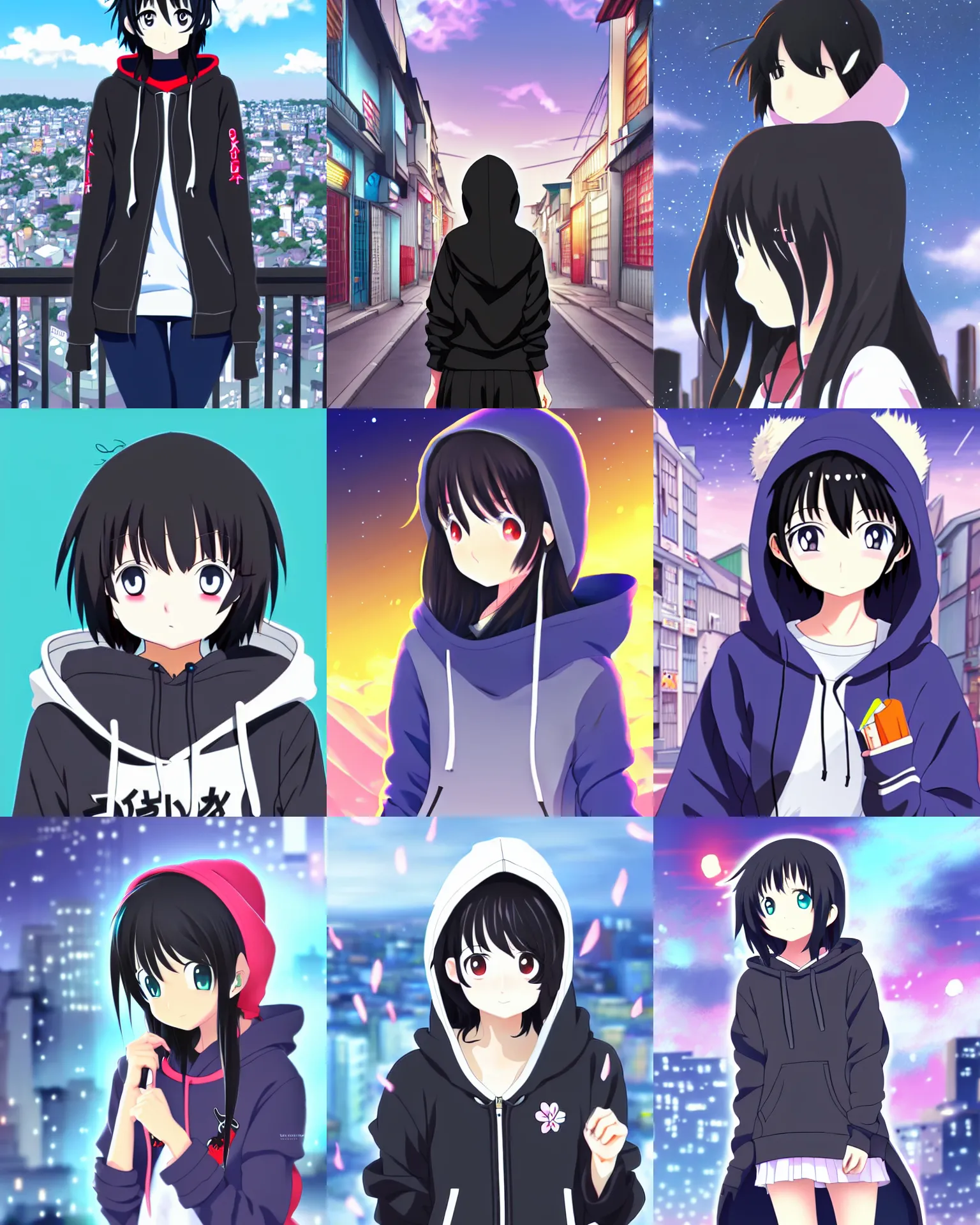 Prompt: black haired girl wearing hoodie, city, anime fantasy artwork, kyoto animation