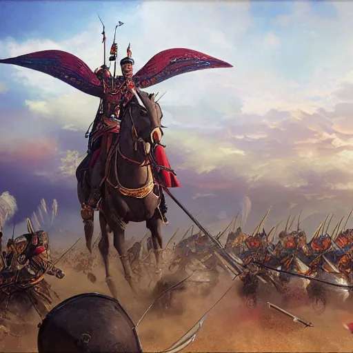 Image similar to an extremely detailed matte painting the polish winged hussars charging ottoman artillery, heroic charge, epic fantasy, viewed in profile from very far away, sharp focus, detailed face, art by greg rutkowski and alphonse mucha in an anime style, volumetric lighting, 4 k resolution, artstation