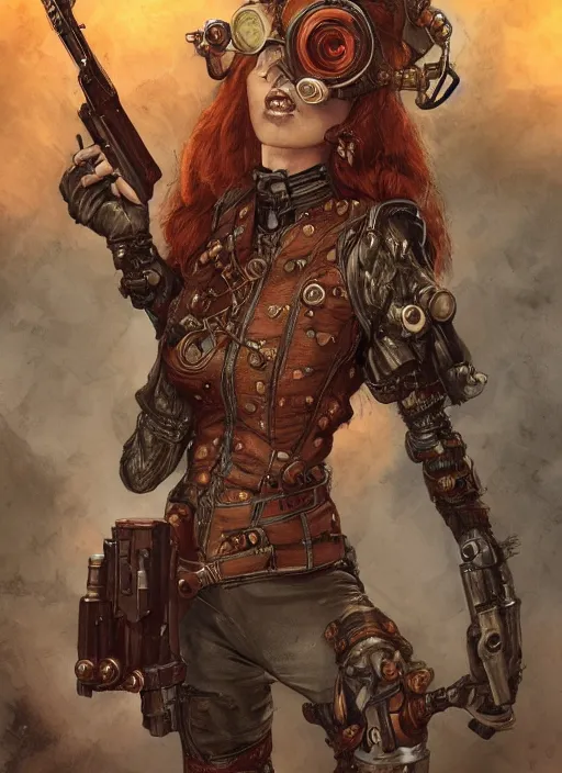 Prompt: 8K, realistic ginger Lady Mechanika in a Comic Book cover, holding a shotgun, and wearing victorian goggles in a ultradetailed Steampunk scenary, by Artgerm and Peter Andrew Jones and beksinski , trending on artstation, featured in Deviantart, Wallpaper, sharp focus, D&D, detailed, intricate, cinematic lighting,