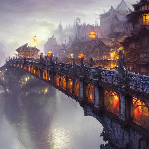 Prompt: tilt shift view of dragon bridge, digital art, realistic, ultradetailed, concept art, art by greg rutkowski and thomas kinkade, trending on artstation, devianart, cgsociety