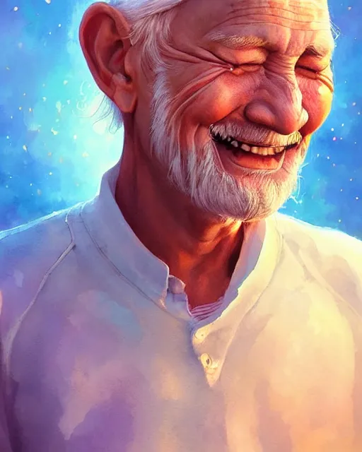 Prompt: peaceful butterfly grandpa. closed eyes. content smile. happy. humble. sweet. award winning ornate symmetry matte portrait, artgerm, rhads watercolor, trending artstation