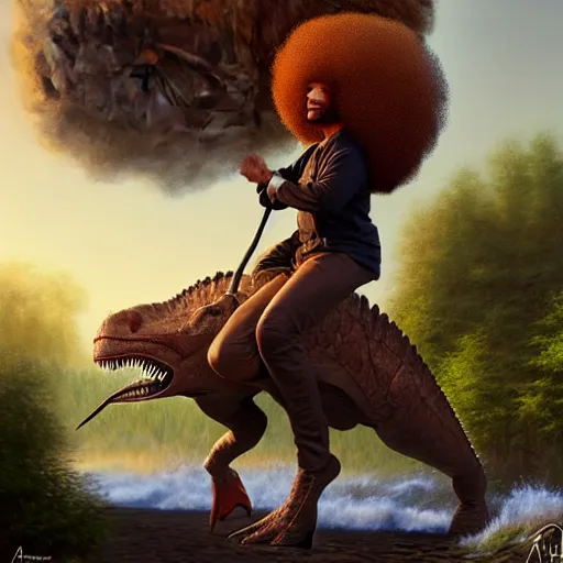 Image similar to bob ross!!! riding!!! a dinosaur!!, giant afro!, model pose, ultra realistic, concept art, intricate details, highly detailed, photorealistic, octane render, 8 k, unreal engine. art by artgerm and greg rutkowski and alphonse mucha