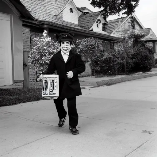 Image similar to a picture of kevin mitnick dressed as a paper boy from the 6 0 s, canon, black and white, high resolution