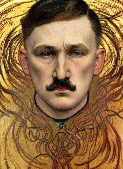 Image similar to detailed realistic beautiful young adolf hitler face portrait by jean delville, alphonse mucha, vincent van gogh, and marco mazzoni, art nouveau, symbolist, visionary, gothic, pre - raphaelite