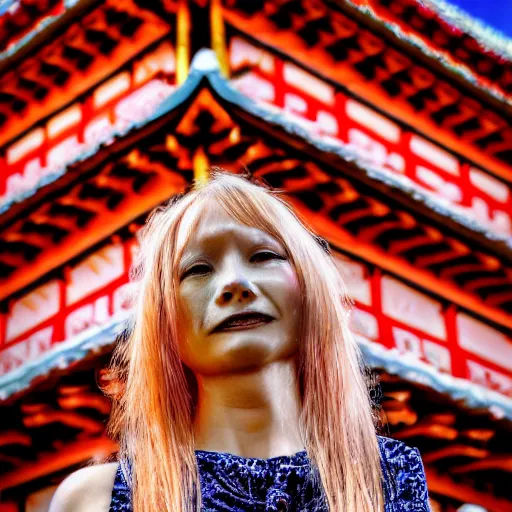 Prompt: psychedelic portrait woman in front of pagoda close up vivid high definition