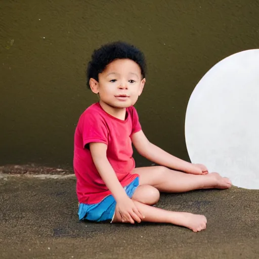 Prompt: a kid sitting on a half moon