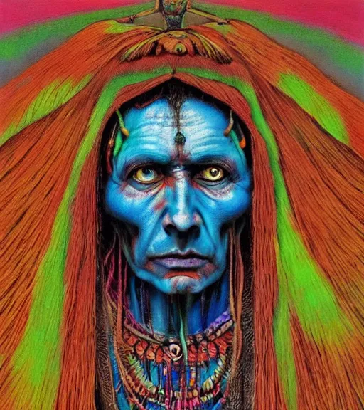 Image similar to Portrait painting in a style of Beksinski mixed with Alex Grey of an old shaman dressed in a colorful traditional clothes.