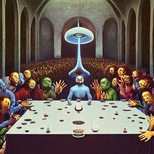 Image similar to pepe the frog eating in the last supper with disciples, floating dark energy surrounds them. there is one cow in the corner of the room, surrounded by a background of dark cyber mystic alchemical transmutation heavenless realm. highly detailed, vivid color, beksinski painting, part by adrian ghenie and gerhard richter. art by takato yamamoto. masterpiece