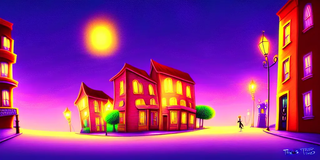 Prompt: curved perspective digital art of a summer night small town street pastel colors from tim burtons nightmare before christmas by petros afshar