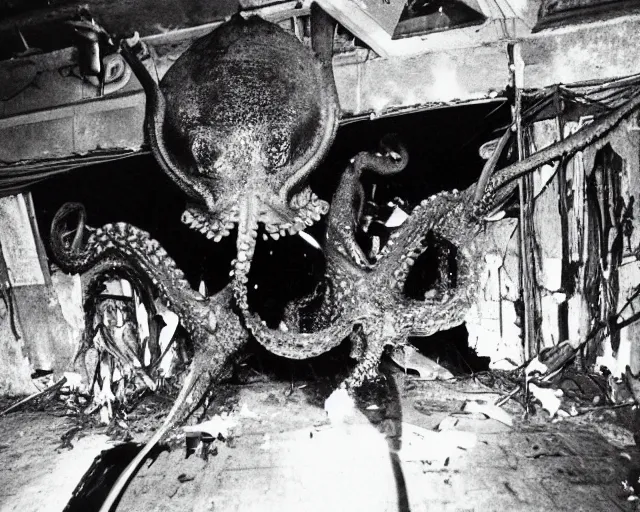 Image similar to camera footage of a extremely aggressive Giant mutated Octopus with glowing white eyes, Human Features, Teeth, in an abandoned shopping mall, Psychic Mind flayer, Terrifying, Silhouette :7 , high exposure, dark, monochrome, camera, grainy, CCTV, security camera footage, timestamp, zoomed in, Feral, fish-eye lens, Fast, Radiation Mutated, Nightmare Fuel, Wolf, Evil, Bite, Motion Blur, horrifying, lunging at camera :4 bloody dead body, blood on floors, windows and walls :5