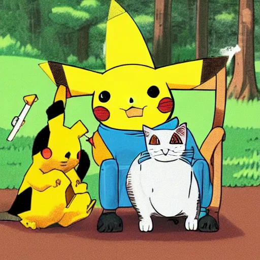 Prompt: in a forest, a cat is slumped on a chair smoking a cigar, pikachu is standing next to him taking shelter with a green umbrella