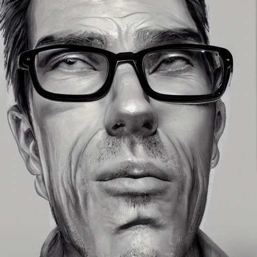 Prompt: man with salt and pepper hair, glasses by Cédric Peyravernay, painting, portrait, very detailed