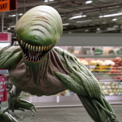 Prompt: mid shot of an realistic alien dressed by emidio tucci buying groceries at the store, shot by amanda carlson and alex strelkovv, professional photo, masterpiece, very detailed, hyper - realistic, unreal engine, straight face, cinematic, 4 k