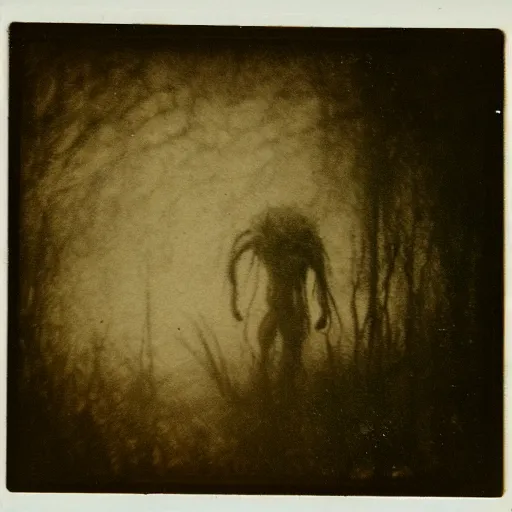 Image similar to creepy lovecraftian monster in swamp, 1 9 1 0 polaroid photo