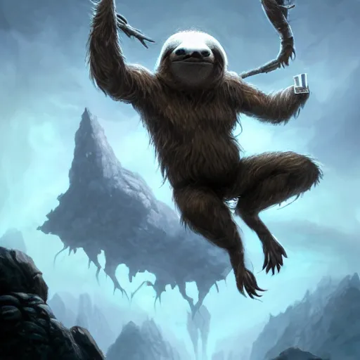 Image similar to Sloth, Anthropomorphized, casting epic spell, magic the gathering artwork, D&D, fantasy, cinematic lighting, centered, symmetrical, highly detailed, digital painting, artstation, concept art, smooth, sharp focus, illustration, volumetric lighting, epic Composition, 8k, art by Akihiko Yoshida and Greg Rutkowski and Craig Mullins, heroic pose, oil painting, cgsociety, magic lab background