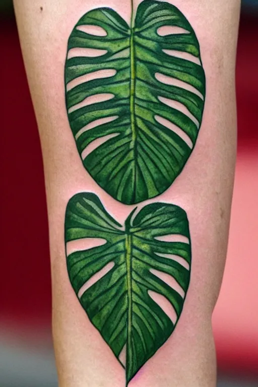 Image similar to tattoo of a monstera deliciosa leaf and a alocasia zebrina leaf, intricate, elegant, thin lines