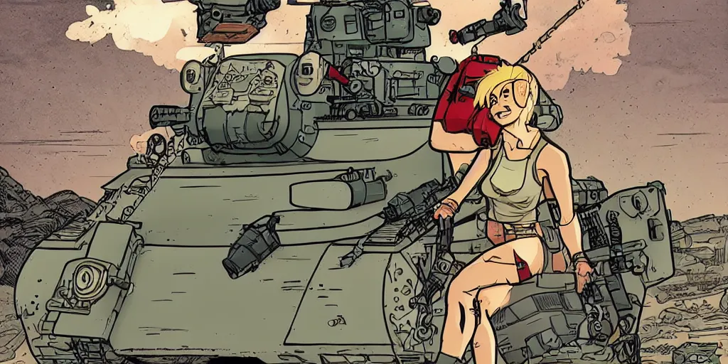 Image similar to tank girl sitting on top of the tank, holding a granite luncher. smiling. laurie greasley,