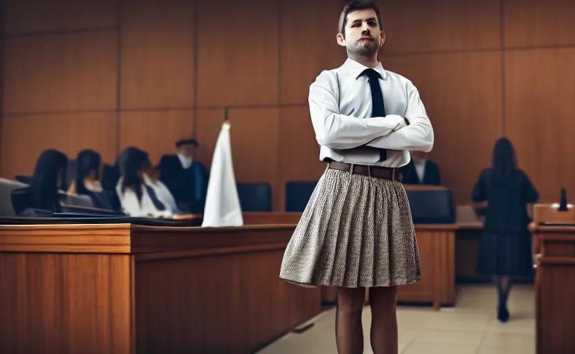 Image similar to portrait a beautiful a man in a skirt in a courtroom, no blur, 4 k resolution, ultra detailed