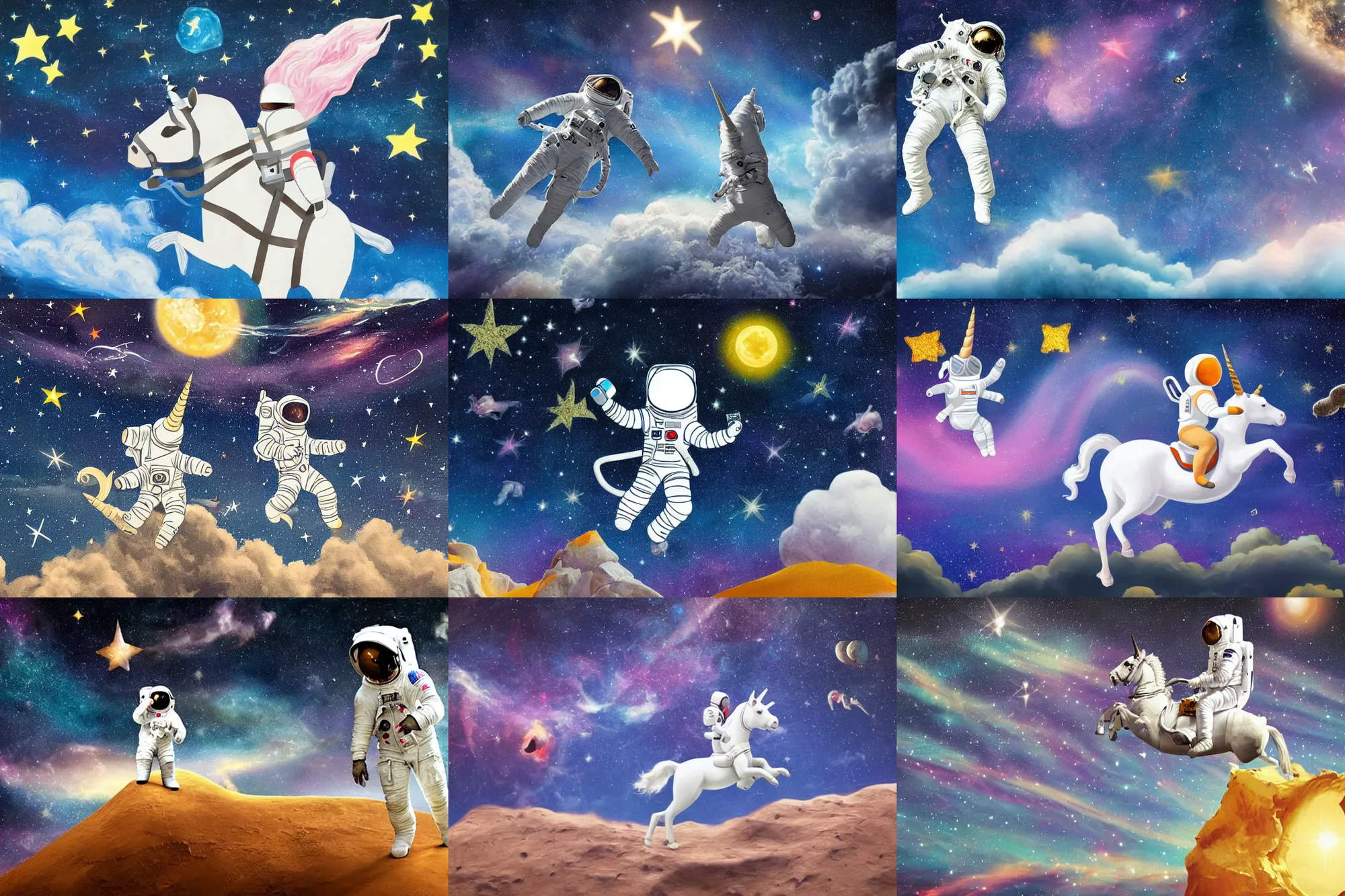 Prompt: An astronaut on a unicorn jumps against the background of a starry sky