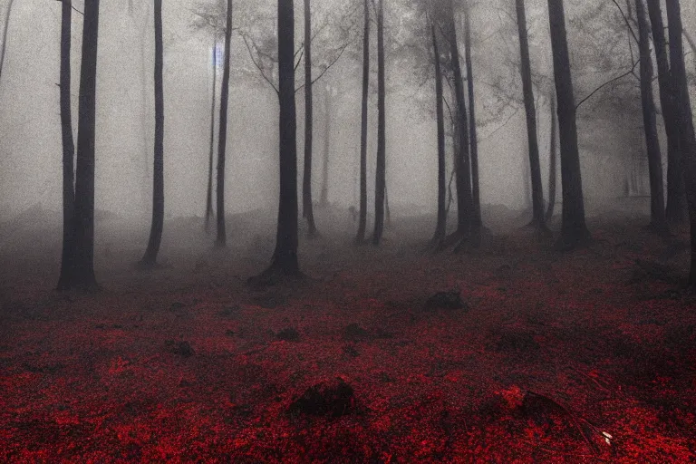 Image similar to deep dark moody forest, red fog on the ground, bleak. big stones, dark mood. mysterious. doom. realistic painting. photobashing, matte painting, highly detailed, autumn, cinematic, hyperralistic, artstation, art brut, outsider art, symbolist, dramatic lighting, god rays, clean crisp graphics, smooth sharp focus, extremely detailed