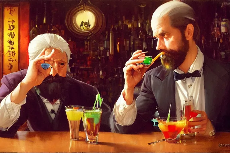 Prompt: a magician with magic eyes and a full beard drinking a multicolored magic drink in a bar, highly detailed painting by studio ghibli and carravagio, leyendecker, craig mullins, nice lighting, smooth tiny details, soft and clear shadows, low contrast, perfect