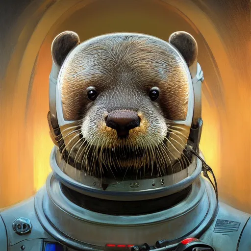 Image similar to hyperrealistic portrait of an athropomorphic otter wearing an astronaut outfit, bladerunner street, art of elysium by jeremy mann and alphonse mucha, fantasy art, photo realistic, dynamic lighting, artstation, poster, volumetric lighting, very detailed face, 4 k, award winning, cinematic lighting, deviantart, artstation, cg society