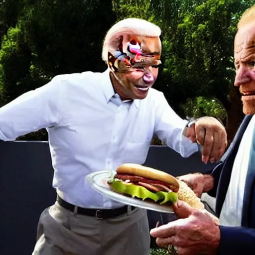 Prompt: joe biden giving a hamburger to walter white