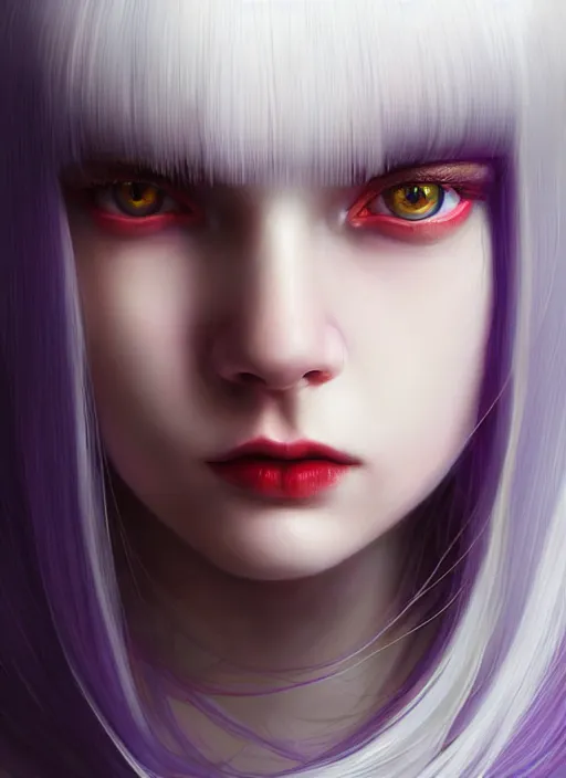 Image similar to hair whitebangs hair, black hair, whitebangs, portrait of teenage girl with white bangs, red irises, purple clothes, white bangs, bangs are different color from hair, intricate, elegant, glowing lights, highly detailed, digital painting, artstation, concept art, smooth, sharp focus, illustration, art by wlop, mars ravelo and greg rutkowski