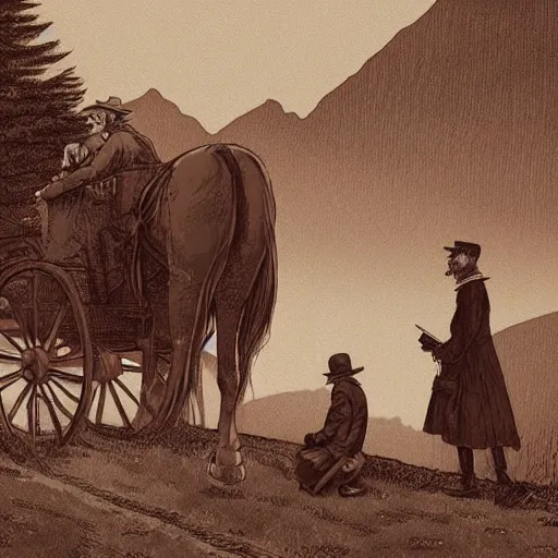 Prompt: a man in old fashioned clothes waits by the side of the road with his suitcase, looking at a coach with 4 horses is in front of him, night time in the mountains highly detailed in the style of edward gorey, artgerm, 8 k resulution - c 5