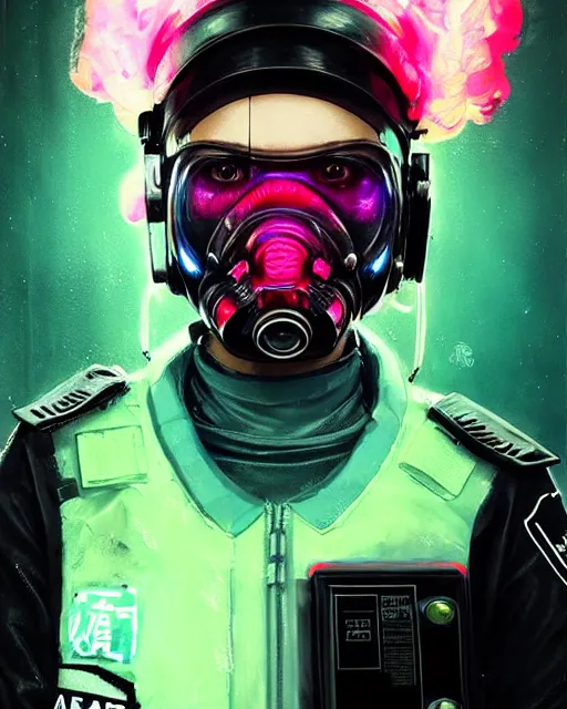 Image similar to detailed portrait neon female swat officer, cyberpunk futuristic, neon, futuristic face mask, reflective puffy coat, decorated with traditional japanese by ismail inceoglu dragan bibin hans thoma greg rutkowski alexandros pyromallis nekro rene margitte, fire & smoke, illustrated, perfect face, fine details, realistic shaded, fine - face, pretty face