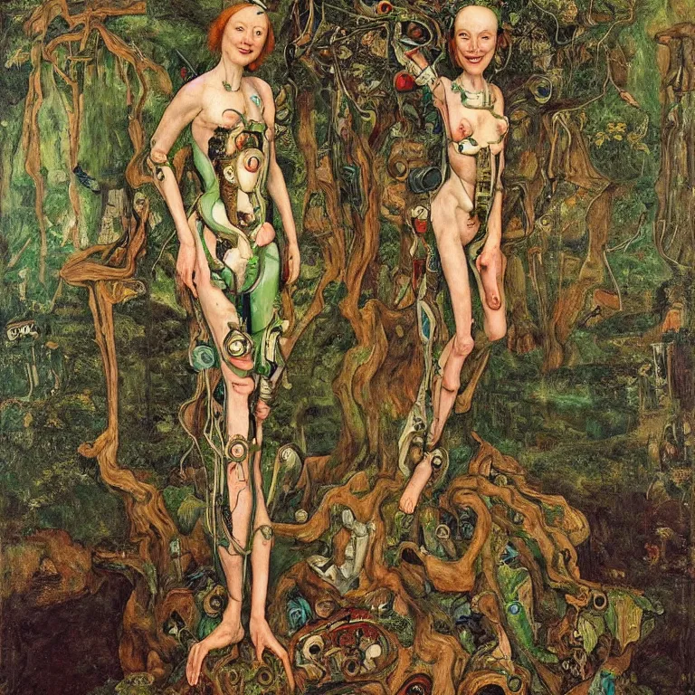 Prompt: a healthy grinning dryad lady, who looks like a cybernetic alien stands pround in the middle of a river valley. around her are tropical birds and orchids. painted by jan van eyck, egon schiele and max ernst, trending on artstation, 8 k, award winning, high octane