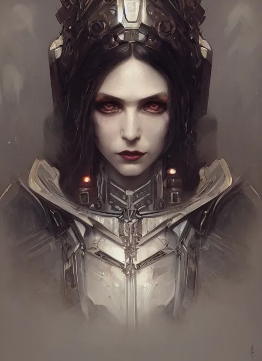 Image similar to portrait of beautiful pale gothic maiden, warhammer 40000, cyberpunk, intricate, elegant, highly detailed, digital painting, artstation, concept art, smooth, sharp focus, illustration, art by artgerm and greg rutkowski and alphonse mucha