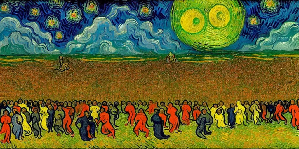 Image similar to the moment of victory of heaven forces in last judgment day, style of edgar allan po and vincent van gogh