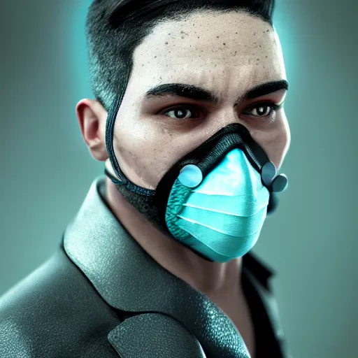 Image similar to a highly detailed, portrait of a man with black hair with a black medical mask, wearing a shark costume, artstation, DeviantArt, professional, octane render, digital art