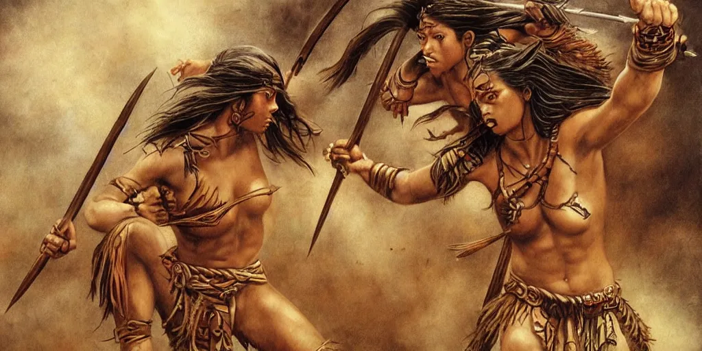 Image similar to powerful beautiful aztec and Amazonian warrior females fight, bow, flying arrows, spear, epic camera, vintage, Boris vallejo, sepia, apocalypto