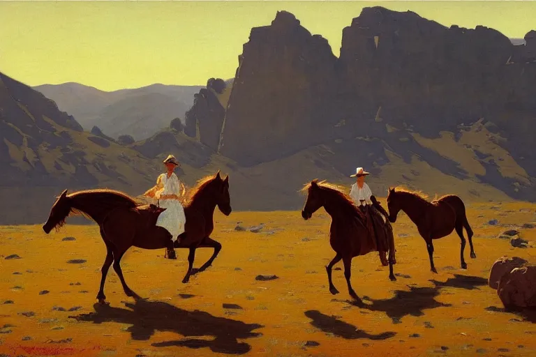 Image similar to scenic western mountain landscape with wild horses and a woman in a long white traditional dress, frederic remington, oil on canvas, beautifully lit, artstation